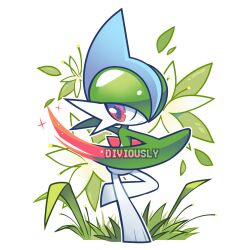 Rule 34 | arm blade, artist name, colored skin, creatures (company), diviously, flower, gallade, game freak, gen 4 pokemon, grass, highres, leaf, looking at viewer, multicolored skin, nintendo, pokemon, pokemon (creature), red eyes, serious, simple background, two-tone skin, weapon, white background, white skin