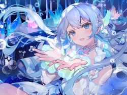 Rule 34 | 1girl, aitsuki nakuru, blue eyes, blue hair, bubble, choker, cona kinaco, crystal, dress, highres, lantern, solo, underwater
