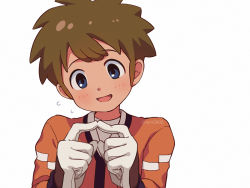 Rule 34 | 1boy, :d, asada hachi, blue eyes, blush, brown hair, commentary request, fidgeting, flying sweatdrops, gloves, inazuma eleven, inazuma eleven (series), index fingers together, long sleeves, looking down, male focus, nervous, open mouth, orange shirt, shirt, short hair, simple background, smile, solo, tachimukai yuuki, twitter username, undershirt, upper body, watermark, white background, white gloves, white shirt