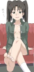 Rule 34 | 00s, 1girl, amasawa yuuko, barefoot, brown hair, dennou coil, feet, glasses, highres, open clothes, open shirt, shirt, short hair, single sock, socks, soles, solo, translated, twintails, youkan