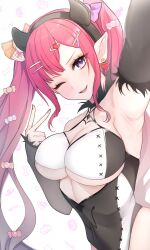 Rule 34 | 1girl, armpits, baobhan sith (fate), bare shoulders, breasts, cleavage, detached sleeves, earrings, fake horns, fang, fate/grand order, fate (series), fufufu hehehe, hair ornament, hand up, highres, horns, jewelry, looking at viewer, one eye closed, open mouth, pink hair, pointy ears, purple eyes, sidelocks, smile, solo, twintails, v, white background