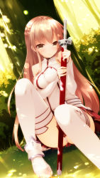 Rule 34 | 10s, 1girl, :o, against tree, armor, asuna (sao), bad id, bad pixiv id, bare shoulders, blush, breasts, brown eyes, brown hair, detached sleeves, forest, highres, holding, long hair, looking at viewer, nature, open mouth, panties, pantyshot, shokuyou mogura, sitting, solo, sword, sword art online, thighhighs, tree, underwear, weapon, white thighhighs, yellow eyes