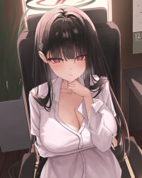 Rule 34 | 1girl, black hair, black halo, blue archive, breasts, bright pupils, cleavage, halo, large breasts, long hair, long sleeves, looking at viewer, melt (melt out1), red eyes, rio (blue archive), shirt, sitting, solo, white pupils, white shirt