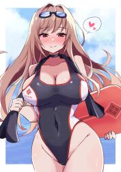 Rule 34 | 1girl, absurdres, black choker, black one-piece swimsuit, blue sky, blush, breasts, brown hair, choker, cleavage, cloud, competition swimsuit, covered navel, cowboy shot, curvy, goddess of victory: nikke, goggles, goggles on head, highleg, highleg swimsuit, highres, kickboard, large breasts, light brown hair, long hair, maruichi pepeto, one-piece swimsuit, rapi (classic vacation) (nikke), rapi (nikke), shiny skin, sky, smile, solo, swimsuit, towel, two-tone swimsuit, wide hips