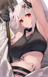Rule 34 | 1girl, arknights, arms up, artist name, black collar, black gloves, black shirt, breasts, coat, cokuto1, collar, commentary, crop top, demon horns, elite ii (arknights), gloves, hair ornament, hammer, holding, holding hammer, horns, infection monitor (arknights), large breasts, long hair, looking at viewer, material growth, mudrock (arknights), mudrock (elite ii) (arknights), navel, oripathy lesion (arknights), red eyes, shirt, solo, upper body, white coat, white hair