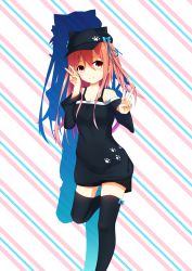 Rule 34 | 1girl, absurdres, animal hat, aoi thomas, bad id, bad pixiv id, bare shoulders, black hat, black shirt, black shorts, black thighhighs, blue bow, blue ribbon, bow, breasts, brown hair, cat hat, cat tail, cleavage, closed mouth, commentary request, diagonal stripes, double v, flat cap, hair between eyes, hair ribbon, hat, hat bow, head tilt, highres, long sleeves, looking at viewer, medium breasts, off-shoulder shirt, off shoulder, original, red eyes, ribbon, shirt, short shorts, shorts, smile, solo, standing, standing on one leg, striped, striped background, tail, thighhighs, twintails, v, wide sleeves