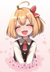 Rule 34 | 1girl, :d, ahoge, artist name, ascot, black vest, blonde hair, blush, cherry blossoms, closed eyes, collared shirt, facing viewer, flower, frilled shirt collar, frills, hair ribbon, head tilt, highres, open mouth, pink background, red ascot, ribbon, rumia, shirt, smile, solo, tekina (chmr), touhou, vest, white shirt