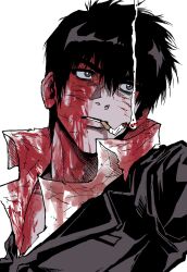 Rule 34 | 1boy, absurdres, black eyes, black hair, black jacket, blood, blood on clothes, blood on face, cigarette, collared shirt, highres, jacket, male focus, mouth hold, my nameisyoon, nicholas d. wolfwood, parted lips, shirt, short hair, simple background, smoking, solo, trigun, upper body, v-shaped eyebrows, white background, white shirt