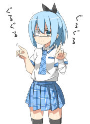Rule 34 | &gt;:), 1girl, bandaged arm, bandages, black ribbon, black thighhighs, blue necktie, blue skirt, blush, breasts, chuunibyou, collared shirt, commentary request, cowboy shot, eyepatch, hair ribbon, hatsunatsu, high ponytail, looking at viewer, medical eyepatch, necktie, original, plaid, plaid necktie, plaid neckwear, plaid skirt, pleated skirt, pocket, ribbon, shirt, short sleeves, simple background, skirt, small breasts, solo, standing, thighhighs, translation request, v-shaped eyebrows, white background, white shirt, zettai ryouiki