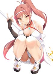 Rule 34 | 1girl, bare shoulders, breasts, chest jewel, cleavage, core crystal (xenoblade), criss-cross halter, daive, detached sleeves, fingerless gloves, full body, glimmer (xenoblade), gloves, halterneck, high ponytail, highres, japanese clothes, kimono, large breasts, long hair, looking at viewer, obi, panties, ponytail, red hair, sash, solo, squatting, swept bangs, underwear, upskirt, white kimono, wide sleeves, xenoblade chronicles (series), xenoblade chronicles 3, xenoblade chronicles 3: future redeemed