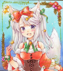 Rule 34 | 1girl, 2022, animal ears, artist name, blue eyes, bow, circle name, commentary request, dated, detached sleeves, dress, english text, fang, fox ears, fox girl, fox tail, fur-trimmed dress, fur-trimmed sleeves, fur trim, gloves, green ribbon, grey hair, hair bow, hair ribbon, highres, holly, long hair, looking at viewer, marker (medium), merry christmas, minami kawa, open mouth, original, partial commentary, pinecone, red bow, red dress, red gloves, red sleeves, ribbon, santa dress, shikishi, signature, skin fang, sleeveless, sleeveless dress, smile, solo, spaghetti strap, standing, star ornament, tail, traditional media, two side up, underbust