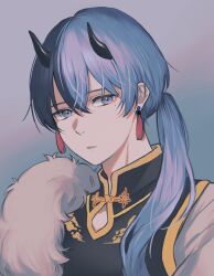 Rule 34 | 1boy, alternate hair length, alternate hairstyle, aoyagi touya, blue eyes, blue hair, commentary request, dark blue hair, earrings, gradient background, hair between eyes, hair over shoulder, highres, horns, jewelry, kinomi 3030, long hair, looking at viewer, male focus, mandarin collar, mole, mole under eye, multicolored hair, parted lips, ponytail, project sekai, solo, two-tone hair, upper body