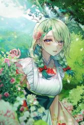 Rule 34 | 1girl, absurdres, antlers, bad id, bad twitter id, bow, braid, branch, ceres fauna, ceres fauna (new year), flower, green hair, hair behind ear, hair bow, hair flower, hair ornament, hair over shoulder, highres, hololive, hololive english, horns, japanese clothes, kimono, long hair, looking at viewer, mole, mole under eye, multicolored hair, nature, obi, outdoors, parted lips, pink flower, plant, red bow, sash, solo, streaked hair, twin braids, upper body, virtual youtuber, white kimono, yellow eyes, yeon6432