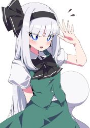 Rule 34 | 1girl, alternate hair length, alternate hairstyle, black bow, black bowtie, black hairband, blunt bangs, bow, bowtie, commentary request, green skirt, hairband, hand up, highres, konpaku youmu, konpaku youmu (ghost), long hair, looking at viewer, open mouth, puffy short sleeves, puffy sleeves, short sleeves, simple background, skirt, smile, solo, touhou, tsukimirin, white background