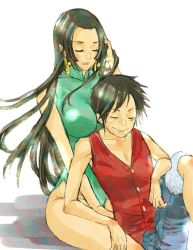 Rule 34 | 1boy, 1girl, bad id, bad pixiv id, black hair, boa hancock, china dress, chinese clothes, couple, dress, earrings, hetero, jewelry, long hair, monkey d. luffy, one piece, poruhi, sitting, sitting on lap, sitting on person, smile