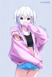Rule 34 | 1girl, artist logo, black sports bra, blue eyes, blue shorts, breasts, covering own mouth, cowboy shot, dated, grey background, highres, hood, hood down, hooded jacket, jacket, long hair, looking at viewer, medium breasts, midriff, nii manabu, open clothes, open jacket, original, pink jacket, shorts, simple background, sleeves past fingers, sleeves past wrists, solo, sports bra, two side up, white hair