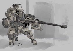 Rule 34 | ak ban22, grey background, gun, highres, holding, holding gun, holding weapon, kneeling, looking to the side, mecha, military, missile pod, no humans, on one knee, original, rifle, robot, sniper rifle, solo, turret, weapon