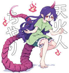 Rule 34 | 1girl, absurdres, barefoot, blush stickers, character name, clothes writing, collarbone, full body, green shirt, green shorts, highres, horns, kame (kamepan44231), long hair, open mouth, purple hair, purple horns, red eyes, shirt, short sleeves, shorts, simple background, single horn, solo, syringe, tail, tenkajin chiyari, test tube, touhou, unfinished dream of all living ghost, white background