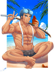 Rule 34 | 1boy, abs, alternate costume, alternate skin color, bara, beach, bite mark, blue eyes, blue fire, blue hair, bulge, crossed legs, dark-skinned male, dark skin, eating, fiery horns, fire, food, food on face, forked eyebrows, fruit, grey male swimwear, highres, horns, large pectorals, long sideburns, looking at viewer, male focus, male swimwear, muscular, muscular male, navel, nipples, over shoulder, pectorals, sakimori toji, sand, scar, scar on chest, scar on face, short hair, sideburns, solo, stomach, swim briefs, sword, sword over shoulder, tan, tepen (tptptpn), thick eyebrows, tokyo houkago summoners, topless male, v, water, watermelon, watermelon slice, weapon, weapon over shoulder, wet, wooden sword
