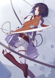 Rule 34 | 1girl, absurdres, belt, black eyes, black footwear, black hair, boots, breasts, brown belt, brown jacket, commentary request, emblem, from behind, highres, holding, holding sword, holding weapon, jacket, knee boots, langya beike, looking at viewer, looking back, medium breasts, mikasa ackerman, pants, paradis military uniform, red scarf, scarf, shingeki no kyojin, shirt, short hair, solo, sword, thigh strap, three-dimensional maneuver gear, training corps (emblem), weapon, white legwear, white shirt