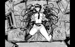 Rule 34 | 1girl, arms up, bakemonogatari, between breasts, blush, breasts, censored, censored nipples, chinese commentary, closed mouth, commentary, commentary request, desk, english commentary, eraser, from above, full body, greyscale, long hair, looking at viewer, medium bangs, mixed-language commentary, monochrome, monogatari (series), mosaic censoring, necktie, necktie between breasts, nipples, nose blush, object insertion, on desk, one eye closed, pencil, protractor, pussy, pussy juice, qisu, school desk, senjougahara hitagi, shirt, skirt, smile, solo, thighhighs, tongue, tongue out, vaginal, vaginal object insertion