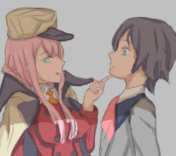 Rule 34 | 10s, 1boy, 1girl, black hair, blue eyes, coat, couple, darling in the franxx, finger to own chin, green eyes, hat, highres, hiro (darling in the franxx), kikuchi-darunyan, lips, long hair, looking at another, military, military uniform, necktie, orange neckwear, peaked cap, pink hair, red neckwear, short hair, sweat, uniform, zero two (darling in the franxx)