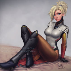 Rule 34 | 1girl, arm support, armor, bed sheet, black footwear, blonde hair, blue eyes, bodysuit, boots, breasts, brown pantyhose, commentary, crossed legs, dated, deviantart username, emblem, english commentary, eyebrows, eyelashes, eyeliner, gloves, greaves, grey background, hair tie, high ponytail, highres, italian commentary, knee boots, knees up, lips, looking at viewer, makeup, medium breasts, mercy (overwatch), mixed-language commentary, nose, nostrils, overwatch, overwatch 1, paid reward available, pantyhose, patreon username, pelvic curtain, ponytail, realistic, sciamano240, signature, sitting, solo, thighs, turtleneck, watermark, web address