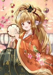 Rule 34 | 1girl, :d, bad id, bad pixiv id, banamons, bird, blurry, blurry background, dated, food, fruit, gold trim, granblue fantasy, highres, instrument, japanese clothes, kimono, long hair, looking at viewer, mahira (granblue fantasy), open mouth, orange (fruit), orange kimono, red eyes, smile, solo, tambourine, very long hair, wide sleeves