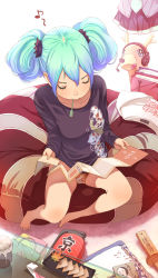 Rule 34 | 1girl, alternate hairstyle, aqua hair, barefoot, feet, from above, hatsune miku, highres, long hair, mouth hold, musical note, panties, pillow, reading, sitting, solo, twintails, underwear, utu (wakon), vocaloid