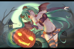 Rule 34 | 1girl, asymmetrical gloves, blurry, breasts, bridal gauntlets, chestnut mouth, cleavage, depth of field, full moon, gloves, green hair, hair between eyes, halloween, halloween costume, hatsune miku, head tilt, horns, jack-o&#039;-lantern, kenkano, leaning to the side, letterboxed, long hair, miniskirt, moon, night, one eye closed, red eyes, skirt, solo, striped clothes, striped thighhighs, thighhighs, twintails, uneven gloves, very long hair, vocaloid