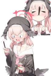 Rule 34 | &lt;|&gt; &lt;|&gt;, 1girl, absurdres, applepie (12711019), beret, black headwear, black shirt, black wings, blue archive, blush, closed eyes, collarbone, food, hat, head wings, highres, holding, holding food, koharu (blue archive), long hair, long sleeves, multiple views, open mouth, pink hair, pocky, sailor collar, sailor shirt, shirt, simple background, twintails, white background, white sailor collar, wings