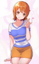 Rule 34 | 1girl, absurdres, breasts, brown eyes, commentary request, cowboy shot, heart, highres, itou kazuki, looking at viewer, medium breasts, nami (one piece), one piece, orange hair, shirt, short hair, short sleeves, signature, skirt, smile, solo, striped clothes, striped shirt, tongue, tongue out, two-tone shirt, zoom layer