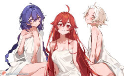 Rule 34 | 3girls, ahoge, bed sheet, blue eyes, blue hair, braid, breasts, brown eyes, closed mouth, eris greyrat, feet, large breasts, looking at viewer, matching hair/eyes, multiple girls, mushoku tensei, pointy ears, red eyes, red hair, roxy migurdia, short hair, simple background, sitting, small breasts, smile, sweater, sydus, sylphiette (mushoku tensei), toes, twin braids, white background, white hair