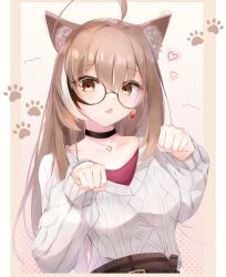 Rule 34 | 1girl, ahoge, animal ears, belt, berry, black choker, brown eyes, brown hair, brown skirt, cat ears, cat girl, choker, crossed bangs, earrings, elphe, fang, food-themed earrings, glasses, heart, highres, hololive, hololive english, jewelry, long hair, looking at viewer, multicolored hair, nanashi mumei, nanashi mumei (casual), necklace, official alternate costume, paw pose, paw print, plaid, plaid skirt, red shirt, round eyewear, shirt, skin fang, skirt, sleeves past wrists, solo, streaked hair, sweater, very long hair, virtual youtuber, white sweater