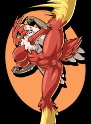 Rule 34 | blaziken, breasts, colored sclera, creatures (company), furry, game freak, gen 3 pokemon, green eyes, highres, large breasts, limebreaker, motion lines, neck fur, nintendo, nipples, nude, pokemon, pokemon (creature), pussy, simple background, solo, spread legs, thick thighs, thighs, yellow sclera