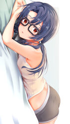 Rule 34 | 1girl, ass, bare shoulders, black-framed eyewear, black hair, boxers, breasts, glasses, highres, idolmaster, idolmaster million live!, looking at viewer, low twintails, lying, male underwear, midriff, nagmilk, on bed, on stomach, parted bangs, parted lips, rectangular eyewear, red eyes, small breasts, solo, takayama sayoko, tank top, twintails, underwear