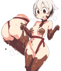Rule 34 | 1girl, ass, between buttocks, blush stickers, chocolate, female focus, from behind, highres, naked chocolate, navel, nude, ribbon, sakamoto ahiru, short hair, simple background, solo, white background, white hair