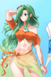 Rule 34 | 1girl, absurdres, annand (fire emblem), arm behind head, arm up, bare shoulders, bead necklace, beads, bikini, blue background, bow (weapon), breasts, commentary request, cosplay, cowboy shot, elincia ridell crimea, elincia ridell crimea (cosplay), fire emblem, fire emblem: genealogy of the holy war, fire emblem: radiant dawn, fire emblem heroes, flower, green eyes, green hair, hair flower, hair ornament, highres, holding, holding bow (weapon), holding weapon, jewelry, long hair, medium breasts, navel, necklace, nintendo, off-shoulder bikini, off shoulder, orange bikini, red flower, sarong, see-through, short sleeves, simple background, solo, standing, stomach, swimsuit, ta dasu (tadasu hayashi), thighs, very long hair, weapon
