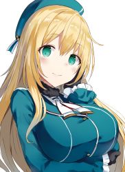 Rule 34 | 10s, 1girl, aqua eyes, atago (kancolle), beret, black gloves, blonde hair, blue hat, blush, breast lift, breasts, buttons, closed mouth, frilled sleeves, frills, fur collar, gloves, hand on own cheek, hand on own face, hat, kantai collection, large breasts, long hair, long sleeves, looking at viewer, neckerchief, shikuro (iorimiyakiyo), simple background, smile, solo, white background, white neckerchief