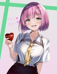 1girl :d arm_behind_back black_hairband blunt_ends blush bob_cut box breasts bright_pupils brown_skirt collared_shirt commentary_request cowboy_shot e1000_ginga fangs gift green_eyes grey_background hair_between_eyes hairband hand_up heart heart-shaped_box highres holding holding_gift large_breasts looking_at_viewer meme necktie open_mouth pink_hair raised_eyebrows school_uniform shirt short_hair short_sleeves simple_background skirt smile solo suspender_skirt suspenders tanikaze_amane teeth tenshi_souzou_re-boot! translated tsurime upper_teeth_only valentine white_shirt yellow_necktie zako_(meme)