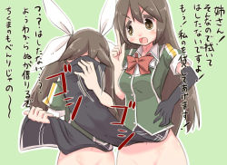 Rule 34 | 10s, 2girls, brown hair, chikuma (kancolle), colored eyelashes, elbow gloves, gloves, groin, hair ribbon, kantai collection, long hair, multiple girls, no panties, open mouth, out-of-frame censoring, pelvic curtain, personification, ribbon, scolding, single elbow glove, tone (kancolle), translation request, twintails, u-non (annon&#039;an)
