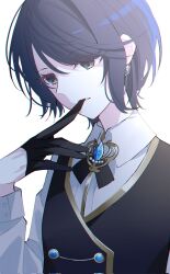 Rule 34 | 1girl, black eyes, black gloves, black ribbon, black vest, blue hair, brooch, buttoned cuffs, buttons, collared shirt, earrings, glove in mouth, glove pull, gloves, hand up, highres, hoshino ichika (project sekai), jewelry, long sleeves, looking at viewer, mouth hold, neck ribbon, project sekai, ribbon, ritzchrono, shirt, short hair, sidelocks, solo, surgeon cuffs, upper body, vest, white shirt
