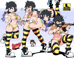 Rule 34 | 1girl, ass, bikini, black footwear, black hair, blush, braid, braided ponytail, breasts, breasts apart, butt crack, cleavage, closed eyes, crab, detached collar, gradient hair, gun, highres, holding, holding gun, holding weapon, leaning forward, leg up, looking at viewer, lucia (scott malin), medium breasts, multicolored hair, multiple views, nail polish, navel, neck ribbon, on one knee, one eye closed, open mouth, original, parted lips, print bikini, purple hair, ribbon, scott malin, shadow, shoes, smile, sneakers, standing, standing on one leg, striped clothes, striped thighhighs, swimsuit, thighhighs, topless, unworn bikini top, weapon, yellow bikini, yellow ribbon