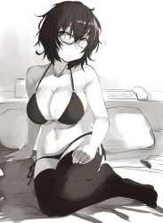 Rule 34 | 1girl, arm support, bad id, bad twitter id, bare arms, bare shoulders, belko, bikini, blush, breasts, cleavage, closed mouth, artistic error, getsuyoubi no tawawa, glasses, greyscale, large breasts, looking at viewer, messy hair, monochrome, on bed, pillow, short hair, sitting, solo, sweat, swimsuit, thighhighs