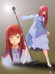 Rule 34 | 1girl, 22/7, bxtbsy7q76gxh73, closed eyes, closed mouth, flower, full body, hair flower, hair ornament, highres, holding, holding microphone stand, long hair, looking at viewer, microphone stand, parted lips, red eyes, red hair, sato reika, standing