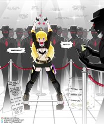 Rule 34 | !, ..., 1girl, 6+boys, ahoge, ball gag, bdsm, belt, belt buckle, blonde hair, blush, boots, bound, bound ankles, bound wrists, breasts, buckle, chain, collar, cuffs, deviantart username, english text, fingerless gloves, formal, full body, gag, gloves, glowing, hair between eyes, hat, highres, jewelry, long hair, medium breasts, miniskirt, mixed-language commentary, money, multiple boys, necklace, patreon username, pouch, purple eyes, rwby, shackles, shrug (clothing), skirt, speech bubble, spreader bar, standing, suit, sunglasses, thighhighs, twitter username, wossarem, yang xiao long