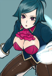 Rule 34 | 1girl, ahoge, attack, bad id, bad pixiv id, blue hair, boots, breasts, cleavage, cleavage cutout, clothing cutout, ascot, elisabeth blanctorche, glowing, large breasts, majoccoid, pants, red eyes, short hair, solo, the king of fighters
