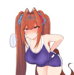 Rule 34 | ..., 1girl, animal ears, antenna hair, blue one-piece swimsuit, breasts, brown hair, commentary, competition school swimsuit, daiwa scarlet (umamusume), hair between eyes, hair intakes, half-closed eyes, hanging breasts, horse ears, horse girl, horse tail, large breasts, legs together, long hair, one-piece swimsuit, red eyes, school swimsuit, scowl, shiming liangjing, simple background, skindentation, solo, swimsuit, tail, thick thighs, thighs, twintails, umamusume, very long hair, white background
