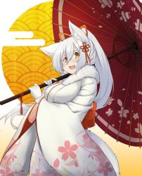 Rule 34 | 1girl, animal ear fluff, animal ears, back bow, bow, breasts, eyes visible through hair, fang, floral print, fox ears, fox girl, fox tail, fur-trimmed collar, fur-trimmed gloves, fur trim, gloves, hair between eyes, hair ornament, highres, holding, holding umbrella, japanese clothes, kimono, large breasts, long hair, long sleeves, oil-paper umbrella, open mouth, original, ponytail, red bow, red umbrella, sakura inu, short eyebrows, silver hair, smile, tail, umbrella, white gloves, white kimono, wide sleeves, yellow eyes
