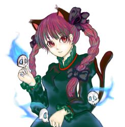 Rule 34 | 1girl, animal ears, braid, cat ears, cat girl, cat tail, female focus, ghost, highres, kaenbyou rin, long hair, red eyes, red hair, solo, standing, tail, touhou, twin braids, twintails, white background
